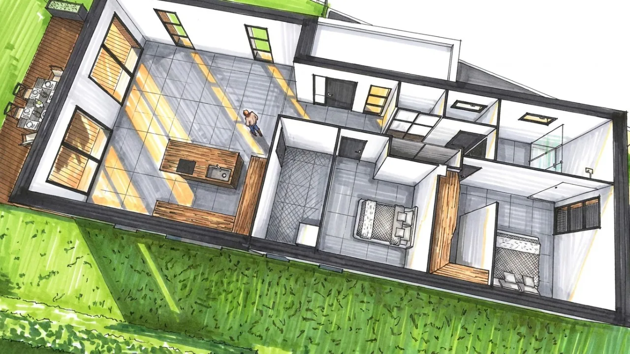 Plan d'aménagement maison plain-pied 3 pièces à Blaringhem – séjour, cuisine ouverte, 2 chambres